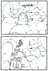 2_horns 2_panel_comic 4_fingers aggron anthro blush blush_lines chibsarts clothing duo english_text excited exclamation_point fingers generation_2_pokemon generation_3_pokemon gesture hand_on_partner hand_on_partner's_belly hat headgear headwear hi_res horn interspecies legendary_pokemon long_neck looking_at_another looking_at_partner looking_at_viewer luchia lugia lying male male/male nintendo on_back onomatopoeia open_mouth open_smile oral oral_penetration penetration phos_(phosaggro) pokemon pokemon_(species) reclining sex sloppy_blowjob smile smirk sound_effects surprise_sex tail text thick_tail tongue waving waving_at_viewer