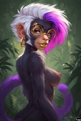 1girls ai ai_generated ape black_fur breasts donkey_kong_(series) donkey_kong_bananza earrings female female_focus female_only fur furry_female glasses golden_earrings golden_glasses golden_lips golden_lipstick green_eyes jungle looking_at_viewer monkey monkey_girl multicolored_hair naked naked_female nintendo nipples nude nude_female painterly poppy_kong purple_tail quinzo11 self_upload short_hair tail