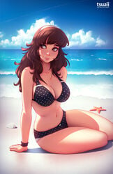 1girls 2018 beach big_breasts bikini breasts brown_eyes brown_hair detailed_background fair-skinned_female fair_skin female female_focus female_only hairband light-skinned_female light_skin long_hair mea_(tsuaii) polka_dot_swimsuit seashell smile solo solo_female solo_focus starfish swimsuit tsuaii