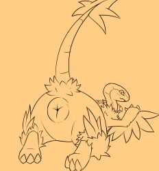 2019 3_fingers 3_toes ambiguous_gender anus anus_focus archeops bedroom_eyes big_anus biped bipedal_feral blush bottom_heavy claw_fingers claw_toes feet feral fingers fossil_pokemon generation_5_pokemon hi_res huge_anus line_art long_tail looking_at_viewer looking_back looking_back_at_viewer lying miradrgn narrowed_eyes nintendo null on_front pokemon pokemon_(species) pupils rear_view seductive semi-anthro simple_background slit_pupils smile solo tail tail_tuft three-quarter_view toes toony tuft yellow_background
