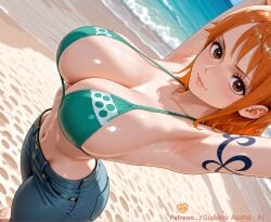 armpits arms_up bangs beach bikini bikini_top_only blush breasts brown_eyes cleavage closed_mouth collarbone denim female goddessasunaai green_bikini jeans large_breasts looking_at_viewer nami_(one_piece) navel ocean one_piece orange_hair outdoors pants short_hair smile solo stomach swimsuit tattoo