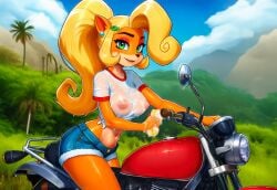 ai_generated blonde_female blonde_hair booty_shorts breasts coco_bandicoot crash_(series) crop_top exposed_breasts exposed_nipples female female_focus female_only jean_shorts midriff motorcycle nipples see-through_clothing sponge wet wet_shirt wet_t-shirt