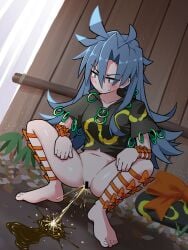 bar_censor barefoot black_shirt blush bottomless bow censored commentary_request female full_body grey_eyes grey_hair hair_between_eyes highres himemushi_momoyo long_bangs long_hair looking_down navel orange_bow peeing pussy shirt short_sleeves slav_squatting solidus_(sword_cube) solo squatting touhou upper_body urine variant_set very_long_hair