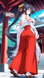 ai_generated akeno_himejima ass black_hair boosterred99 breasts female from_behind from_behind_position full_body fully_clothed high_school_dxd illustrious_(stable_diffusion) japanese_clothes large_breasts legs long_hair miko orange_ribbon pony_diffusion_xl ponytail purple_eyes ribbon seductive voluptuous