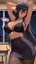 ai_generated arms_above_head black_hair black_skirt boosterred99 bra dark_elf dark_skin elf elf_ears glasses illustrious_(stable_diffusion) kuroinu_2_~inyoku_ni_somaru_haitoku_no_miyako,_futatabi~ kuroinu_~kedakaki_seijo_wa_hakudaku_ni_somaru~ large_breasts long_hair olga_discordia pantyhose pony_diffusion_xl school sideboob skirt thighs tiara underwear yellow_eyes