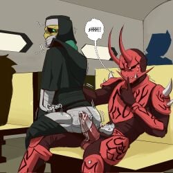 !! 2_horns 2boys anal anal_sex armor armored_male background background_characters balls balls_out bodily_fluids bodily_fluids_drip bodily_fluids_in_ass chastisedhorns clothed clothed_sex deneb_(kamen_rider) english_text finger_over_mouth gay gay_anal gay_sex green_eyes grinding gritted_teeth hood imagin kamen_rider kamen_rider_den-o_(series) looking_back male male/male male_focus male_only metallic_skin momotaros monster monster_boy motion_lines nervous on_lap oni oni_horns onomatopoeia pants_down penis penis_out public_sex pushing_down red_armor red_skin robe robes shushing sitting sweat sweatdrop sweating tears tears_in_eyes text train train_interior tremble_lines tremble_spikes trembling twitching yaoi