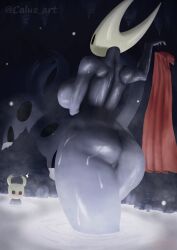 2025 2_horns absurd_res ambiguous_gender arthropod artist_name ass big_breasts biped black_body black_breasts black_eyes blush breasts calue_art clothing duo english_text female fingers genitals half_sister_(lore) hi_res holding_clothing holding_object hollow_knight horn hornet_(hollow_knight) hot_spring nude partially_submerged red_clothing sibling_(lore) sister_(lore) standing team_cherry text the_knight_(hollow_knight) vessel_(species) vulva water wet