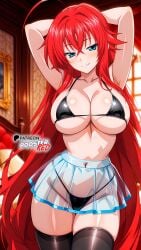 ai_generated bedroom bikini bikini_top black_bikini black_bikini_top blue_eyes boosterred99 high_school_dxd illustrious_(stable_diffusion) indoors large_breasts naughty_face navel pony_diffusion_xl red_hair red_ribbon rias_gremory see-through see-through_clothing skirt thighs thong_bikini