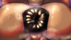 16:9 anal anal_head_gulp anus ass big_anus big_ass big_butt bodily_fluids brent_(n0rdbara) brown_body digital_media_(artwork) duo fatbludragon fur hi_res huge_anus huge_ass huge_butt hyper hyper_anus mammal markings mephitid open_mouth puffy_anus skunk sweat teeth text vore widescreen