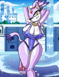 anthro big_breasts big_hips blaze_the_cat blush_lines breasts clothing curvy curvy_figure dipstick_tail domestic_cat felid feline felis female nanus2 posing_for_the_viewer princess purple_body purple_fur royalty sega solo sonic_(series) sonic_rush sonic_the_hedgehog_(series) swimsuit water_palace_(sonic_rush) winking_at_viewer yellow_eyes
