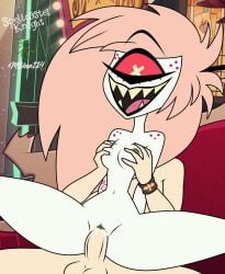 1boy 1girls breast_grab cherri_bomb cherri_bomb_(hazbin_hotel) cum_drip cum_dripping cum_dripping_out_of_pussy cum_in_pussy cum_inside cyclops cyclops_girl dripping_cum dripping_pussy dripping_semen fangs freckles grabbing_breasts grabbing_from_behind hazbin_hotel internal_cumshot long_hair male_out_of_frame mbhen114 on_couch out_of_frame_male red_sclera reverse_cowgirl_position sharp_teeth smile spellcaster_knight spread_legs symbol-shaped_pupils