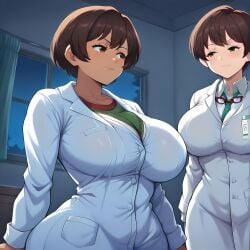2girls ai_generated alternate_color alternate_skin_color blue_eyes brown_hair capcom curvy curvy_figure dark-skinned_female dark_skin eteeming female female_only labcoat light-skinned_female light_skin motion_lines nervous rebecca_chambers resident_evil smile thicc