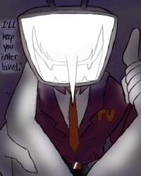 1boy ambereyecanine claws clothing deltarune deltarune_chapter_3 fangs first_person_view imminent_sex looking_at_viewer male male_only object_head open_mouth simple_background smile solo_focus spread_legs suit suit_and_tie teeth tenna_(deltarune) thick_thighs thighs tv tv_head