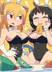 2girls black_hair blonde_hair bunnysuit dragon_girl dragon_horns dragon_tail duo eating elma_(dragon_maid) female female_only food gloves long_hair miss_kobayashi's_dragon_maid pancake red_eyes short_hair tohru_(dragon_maid) twintails