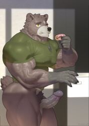 2025 absurd_res anthro appliance ass balls barazoku bear biceps black_body black_finger_claws black_fur black_hair black_nose bottomless brown_bear brown_body brown_fur carmen_gracia clothed clothing december_twilight dessert doughnut eating eating_donut facial_markings food forearm_muscles forehead_markings fridge frosting frosting_on_face fur genitals glans gloves_(marking) green_clothing green_shirt green_topwear hair head_markings hi_res holding_doughnut holding_food holding_object inside jelly_(food) jelly_doughnut kitchen_appliance light male mammal markings multicolored_body multicolored_fur muscular muscular_anthro muscular_male muscular_thighs nipple_outline opening_door pastry penis pubes raccoon21 shirt small_tail solo sunlight tail tan_body tan_fur tight_clothing tight_shirt tight_topwear topwear triceps ursine vein veiny_muscles veiny_penis yellow_eyes