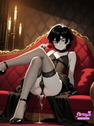 1boy 2boys ai_assisted ai_generated bangs bare_shoulders black_hair blush bulge chair closed_mouth crossdressing cum cum_on_boy dress erection fishnet_legwear fishnets flirtzy.ai gloves half-closed_eyes high_heels looking_at_viewer male_focus multiple_boys otoko_no_ko panties penis shoes sitting smile solo testicles thighhighs underwear yaoi