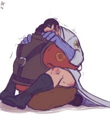 anal anal_sex boots bottomless clothed_sex dark-skinned_male dark_skin daskingu demoman demoman_(team_fortress_2) from_behind gay gay_sex labcoat medic_(team_fortress_2) sitting_on_lap team_fortress_2 trembling upright_straddle yaoi