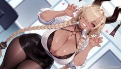 ai_generated asymmetrical_bangs azur_lane balecxi black_bra black_skirt blonde_hair braid claw_pose cleavage dark_skin female grin hair_ornament hair_over_one_eye horn_ornament horns huge_breasts jewelry long_hair looking_at_viewer low_twin_braids mole mole_under_mouth owari_(azur_lane) pantyhose patreon_username pencil_skirt smile solo thighs twin_braids underwear white_shirt yellow_eyes