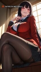 ai_generated black_hair black_pantyhose black_ribbon black_skirt blazer blunt_bangs blush breasts cleavage collared_shirt crossed_legs feet_out_of_frame female from_below grin hand_up hime_cut houndstooth indoors jabami_yumeko jacket kakegurui large_breasts lips long_hair long_sleeves looking_at_viewer meitabuu nail_polish pantyhose parted_lips pleated_skirt red_eyes red_jacket red_nails ribbon school_uniform shirt sitting skirt smile solo sunlight thighband_pantyhose thighs very_long_hair white_shirt window