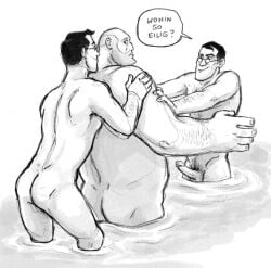 arm_hair black_and_white duplicated_character erection german german_guy german_male german_man german_text grabbing_shoulders heavy_weapons_guy male male/male male_only medic_(team_fortress_2) nude partially_submerged penis russian russian_guy russian_male russian_man schweinkrams sketch splashing splashing_water team_fortress_2 teasing
