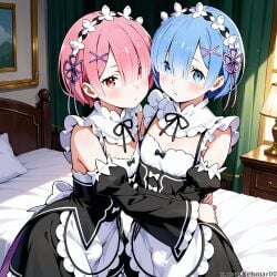2boys ai_generated bed blue_eyes blue_hair bulge femboy genderswap genderswap_(ftm) hugging_another hugging_each_other indoors maid_headdress maid_uniform mansion pink_eyes pink_hair ram_(re:zero) re:zero_kara_hajimeru_isekai_seikatsu rem_(re:zero) roswaal_mansion_maid_uniform tagme tehmar trap twins
