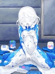 blue_skin bodypaint closed_eyes colored_eyelashes colored_skin highres idolmaster idolmaster_cinderella_girls masturbation nipples paint painting_(medium) tongue tongue_out torogao traditional_media ujiie_mutsumi wet_and_messy white_hair yaneura_(yaneur)