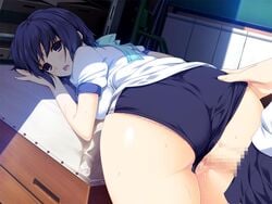 ass ass_grab bent_over bloomers bloomers_aside blue_hair blush breast_press breasts buruma censored female from_behind game_cg gym_uniform highres iizuki_tasuku large_breasts legs looking_back lovely_x_cation nanasawa_yuni open_mouth penis purple_eyes sex short_hair thighs vaginal_penetration