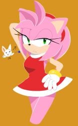 2girls amy_rose armpits bare_legs bat_(animal) bracelet chibi dress feminine gloves green_eyes hairband half-closed_eyes highres jewelry legs medium_hair multiple_girls pink_fur pink_hair possessed possession red_dress rouge_the_bat sakura_2739 seducing_viewer sega serious smile sonic_(series) sonic_the_hedgehog_(series) white_fur white_hair