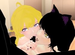 1boy 2girls bisexual_female black_hair black_hair_female black_silhouette blake_belladonna blonde_female blonde_hair cat_ears censored_penis handjob licking_penis nude_female nude_male purple_eyes rwby theblackbirdcalls yang_xiao_long yellow_eyes