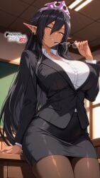 ai_generated black_hair black_skirt boosterred99 dark_elf dark_skin elf elf_ears glasses illustrious_(stable_diffusion) kuroinu_2_~inyoku_ni_somaru_haitoku_no_miyako,_futatabi~ kuroinu_~kedakaki_seijo_wa_hakudaku_ni_somaru~ large_breasts long_hair olga_discordia pantyhose pony_diffusion_xl school shirt skirt thighs tiara white_shirt yellow_eyes