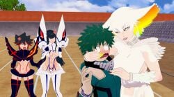1boy 3girls asian asian_female asian_male black_hair blush boku_no_hero_academia breasts clothed clothed_female clothed_male crossover female green_hair huge_breasts izuku_midoriya kill_la_kill kiryuuin_ragyou kiryuuin_satsuki light-skinned_female light-skinned_male light_skin long_hair male matoi_ryuuko my_hero_academia short_hair tomboy