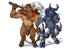 2019 anthro armor axe battle_axe beard blue_body bottomwear bovid bovine brown_body bulge cape chest_tuft clothing duo european_mythology facial_hair facial_piercing genitals ghuraok greek_mythology green_eyes hooves horn loincloth looking_at_viewer male male/male mammal minotaur mythology nipple_piercing nipples nose_piercing nose_ring penis penis_tip piercing ring_piercing tuft