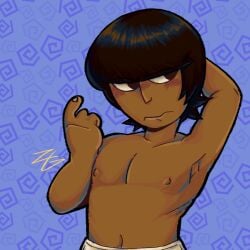 armpits averted_gaze averting_eyes blush blush bust dark_hair dark_skin embarrassed embarrassed_expression flat_chest flat_chested genderless half_naked half_nude hooked_nose nonbinary original original_art original_artwork original_character petite plain_background shirtless short_hair solo solo_focus underwear