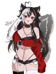 1girls ahoge animal_ears animal_tail antenna_hair bare_shoulders big_breasts black_hair breasts choker cleavage cowboy_shot crop_top fang female hair_ornament hairclip highleg jacket jewelry large_breasts long_hair long_sleeves looking_at_viewer midriff miniskirt momotexx_(vtuber) multicolored_hair navel necklace open_mouth panties red_eyes skunk_girl skunk_tail smile solo streaked_hair tail thighhighs tummy two_tone_hair underwear virtual_youtuber vyugen
