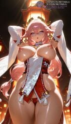 1girls ai_generated animal_ears architecture armpits arms_behind_head arms_up bare_shoulders blush breasts breasts_apart breasts_out cameltoe cherry_blossom_print cowboy_shot curvy detached_sleeves earrings east_asian_architecture female floppy_ears floral_print fox_ears from_below genshin_impact glasses hair_between_eyes hair_ornament japanese_clothes jewelry large_breasts long_hair long_sleeves looking_at_viewer low-tied_long_hair maebari meitabuu nipples nontraditional_miko obi open_mouth parted_lips pink_hair print_sleeves purple_eyes red_skirt revealing_clothes rimless_eyewear sash see-through shiny_skin sidelocks skirt solo sweat tassel thick_thighs thighs very_long_hair vision_(genshin_impact) wet wet_clothes white_sleeves wide_hips wide_sleeves yae_miko