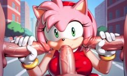 3boys1girl ai ai_art ai_generated amy_rose anthro anthro_female big_breasts big_breasts blowbang blowjob clothed_female_nude_male double_handjob furry_female green_eyes hairband joyboy56 multiple_penises outdoor_sex pink_hair public_nudity public_sex sonic_(series) sonic_the_hedgehog_(series)