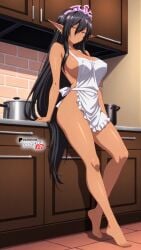ai_generated apron apron_only bare_shoulders barefoot black_hair boosterred99 breasts dark_elf dark_skin elf elf_ears female full_body illustrious_(stable_diffusion) kitchen kuroinu_2_~inyoku_ni_somaru_haitoku_no_miyako,_futatabi~ kuroinu_~kedakaki_seijo_wa_hakudaku_ni_somaru~ large_breasts legs long_hair naked naked_female nude nude_female olga_discordia pony_diffusion_xl sexy_pose thighs tiara yellow_eyes