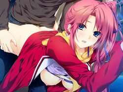 amagase_yuuki areolae ass blue_eyes bra bra_lift breasts female game_cg highres iizuki_tasuku large_breasts legs long_hair looking_back lovely_x_cation nipples no_panties open_clothes open_mouth pink_hair scarf sex shirt_lift side_ponytail sweat thighs vaginal_penetration