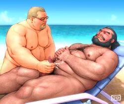 2boys alec_(gundam) arm_hair bara beach beard belly black_hair blonde_hair blush censored chair chest_hair closed_eyes closed_mouth commentary_request completely_nude connected_beard cum cum_on_body cum_on_hands cum_on_male cum_on_pectorals cum_on_stomach facial_hair fat fat_man gundam gundam_unicorn handjob hands_on_own_stomach horizon leg_hair lounge_chair male_focus male_pubic_hair mosaic_censoring multiple_boys mustache navel_hair nipples nude ocean od_(odn_ya_2) outdoors pectorals penis pubic_hair short_hair sky suberoa_zinnerman testicles thick_thighs thighs tinted_eyewear variant_set yaoi