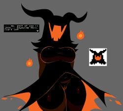 absurd_res big_breasts black_body bonesawbingus breasts cape clothing curved_horn deltarune deltarune_chapter_3 eram eyeless fangs female fire genitals hi_res horn orange_mouth pussy shadow_mantle shadow_mantle_(deltarune) solo teeth text thick_thighs undertale undertale_(series) vulva