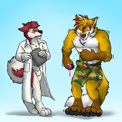 aggrobadger anthro balls canine fox foxlightning furry gauge labcoat malamute male male_only multiple_males partially_clothed paws potion science sheath tagme transformation