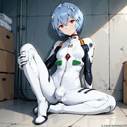 1boy ai_generated blue_hair bodysuit bulge emotionless femboy gainax genderswap_(ftm) indoors looking_at_viewer neon_genesis_evangelion red_eyes rei_ayanami rule_63 sitting_on_ground solo tagme tehmar white_bodysuit