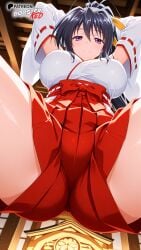 ai_generated akeno_himejima arms_above_head black_hair boosterred99 breasts cameltoe female high_school_dxd illustrious_(stable_diffusion) japanese_clothes large_breasts long_hair miko orange_ribbon pony_diffusion_xl ponytail pov pov_eye_contact purple_eyes pussy ribbon seductive voluptuous
