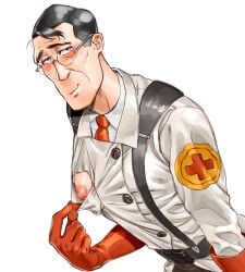 baakse blush cute_male dilf doctor glasses labcoat male medic_(team_fortress_2) nipple_slip older_male puffy_nipples shy solo team_fortress_2