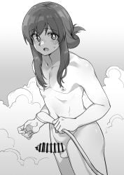 1boy absurdres akizakura_iori bar_censor blush censored collarbone erection greyscale highres ikemen_joshi_to_josou_danshi long_hair looking_at_viewer male_focus monochrome navel nipples nude open_mouth penis smoke solo standing steam tadd_(tatd) testicles trap