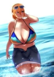absurdres alternate_version_available bare_shoulders bikini bikini_top breasts breasts_bigger_than_head chubby cleavage eyewear_on_head female gigantic_breasts hi_res highres huge_breasts liselotte_meier_(stickvenezuela) massive_breasts mole mole_on_breast mole_under_eye navel ocean orange_hair original partially_submerged short_hair skirt smile solo standing stickvenezuela sunglasses sunglasses_on_head swimsuit tagme teal_eyes thick_thighs thigh_gap thighs water waves wide_hips