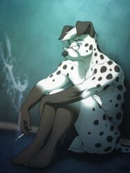 5_toes anthro barefoot big_penis big_testicles black_fur bng canine cigarette closed_mouth cyan_eyes dalmatian eyewear fur furry furry_ears glasses holding male male_only muscles open_eyes penis sad sitting smoke smoking solo spots testicles thinking white_fur