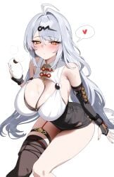 absurdres ahoge armpit_crease asymmetrical_gloves bby black_gloves breasts cleavage eating female fingerless_gloves food gloves grey_hair hair_ornament heart highres holding holding_food huge_breasts long_hair looking_at_viewer mole mole_on_breast orb single_thighhigh sitting solo spoken_heart steamed_bun thighhighs thighs uneven_gloves very_long_hair yellow_eyes yin_yang yin_yang_orb yixuan_(zenless_zone_zero) zenless_zone_zero