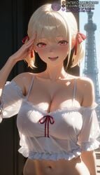 1girls :d ai_generated arm_at_side bare_shoulders blonde_hair blurry_background blush breasts camisole cleavage collarbone covered_nipples crop_top dark_skin day female frilled_shirt frilled_sleeves frills hair_ribbon hand_up large_breasts looking_at_viewer lycoris_recoil meitabuu midriff navel nishikigi_chisato off-shoulder_shirt off_shoulder open_mouth red_eyes red_ribbon ribbon salute see-through see-through_shirt shirt short_hair short_sleeves short_twintails smile solo spaghetti_strap stomach teeth tower twintails underwear upper_body white_camisole white_shirt
