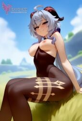 1girls 2d ai_generated ass big_ass breasts erophoenix female female_focus full_body ganyu_(genshin_impact) genshin_impact horns long_hair looking_at_viewer medium_breasts nipples pantyhose patreon_username silver_hair solo solo_female sweat thick thick_thighs uncensored undressing